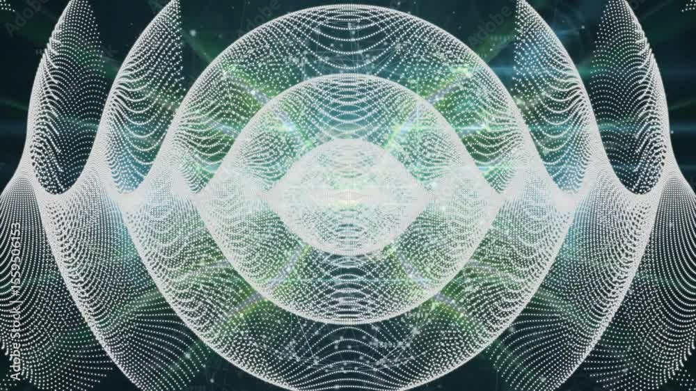 Poster starting central orb pulsing waveforms undulating and green particles drifting for digital depth