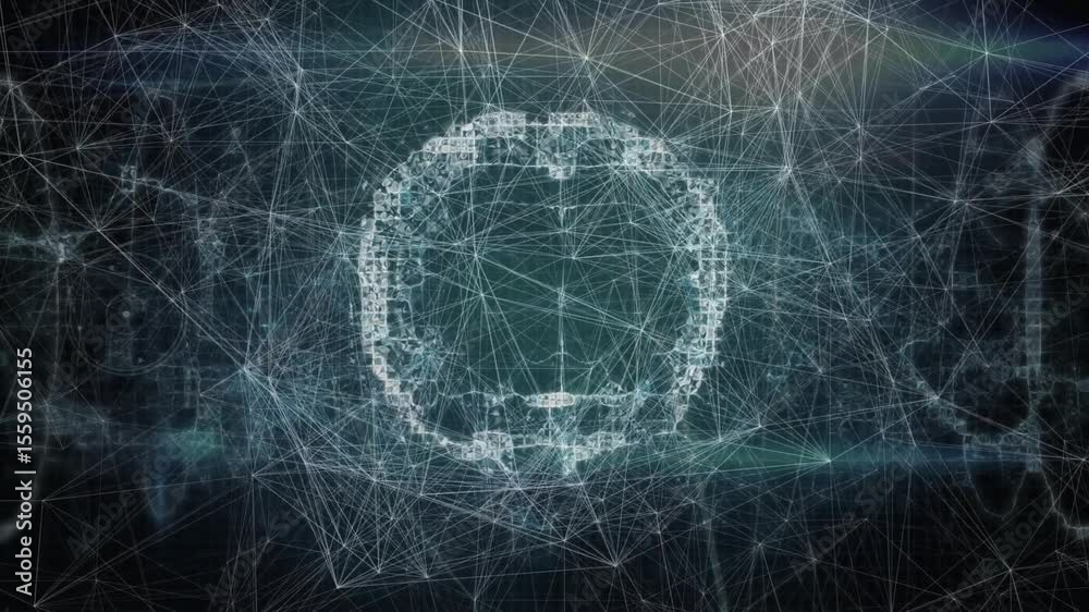 Poster dark grid initiating blue nodes connecting and forming wireframe brain mesh showing neural links