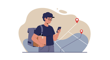 a delivery person holding a package and a smartphone, with two red location markers on a map background. Suitable for landing page, banner, marketing, web design, presentation, infographic, etc.
