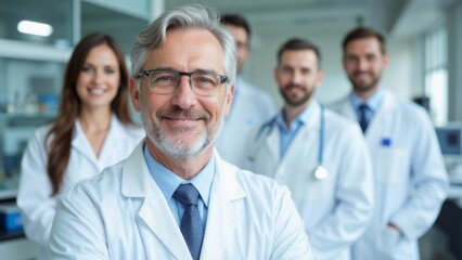 Fototapeta premium Group of medical professionals in a laboratory setting.