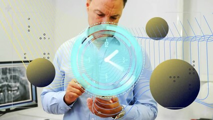 Dentist tapping phone and activating holographic clock displaying timing data with cyan lines - Powered by Adobe