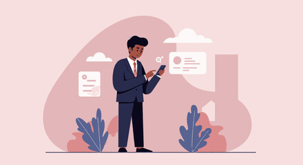 a man in a suit is looking at his phone