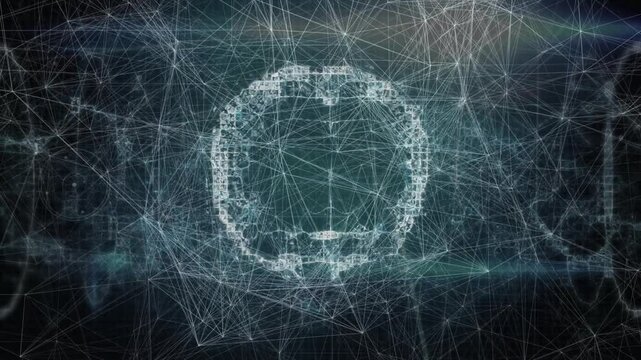 Dark grid initiating blue nodes connecting and forming wireframe brain mesh showing neural links