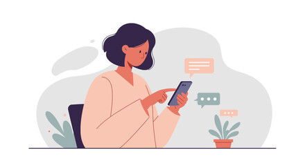 a woman sitting at a desk with a phone and a plant