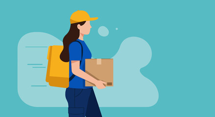 A delivery person, depicted in a flat vector illustration, carries a package and a backpack against a teal background, symbolizing fast and efficient shipping services.