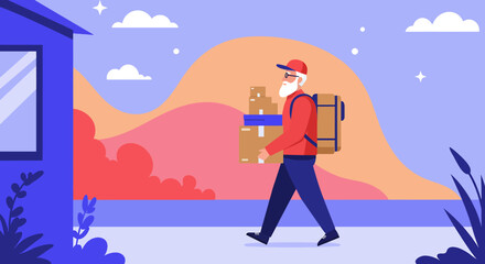 an elderly man with a beard and glasses walking while carrying a large package. Suitable for landing page, banner, marketing, web design, presentation, infographic, etc.