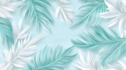 Elegant Teal and White Tropical Palm Leaves Background
