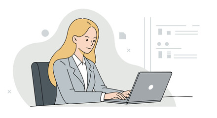 A focused businesswoman diligently working on her laptop computer in a modern office setting, typing and concentrating on tasks.