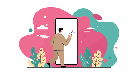 a man standing in front of a phone with a plant in the background