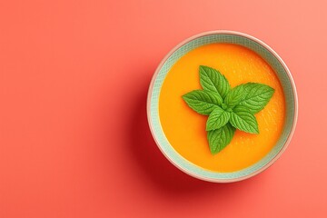 Overhead view of vibrant orange soup garnished with fresh mint in a bowl.