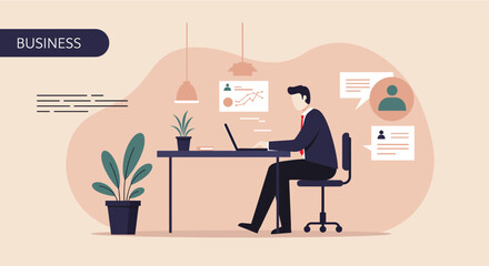 An industrious professional works on a laptop at his desk in a contemporary office setting, surrounded by digital business data and icons.