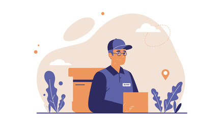 a delivery person in a blue uniform and cap, holding a cardboard box, with a map and clouds in the background. Suitable for landing page, banner, marketing, web design, presentation, infographic, etc.
