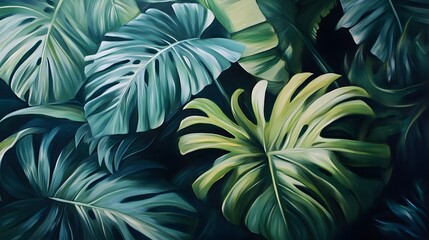 Lush Tropical Monstera Leaves Painting Dark Green Foliage Art