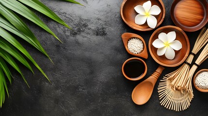 Spa Treatment Flatlay, Tropical Flowers, Wooden Bowls, and Natural Ingredients