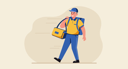 a delivery person in a yellow shirt and blue cap, carrying a yellow bag and walking with a backpack. Suitable for landing page, banner, marketing, web design, presentation, infographic, etc.