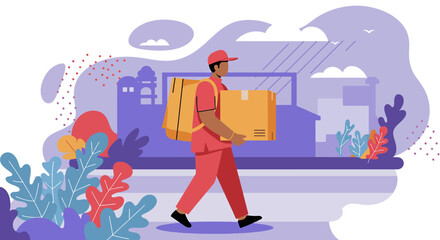 A delivery person in red uniform carries a cardboard box, walking on a city street, showcasing efficient delivery service in an urban setting.