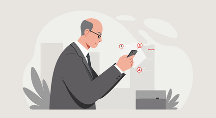 A mature businessman in a suit checks his smartphone while holding a document, with a briefcase nearby, set against a modern, minimalist backdrop.