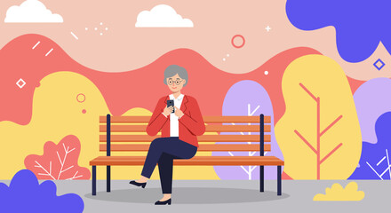 Naklejka premium A senior woman sits on a park bench using her smartphone, enjoying the tranquil atmosphere of nature and technology in a vibrant, colorful illustration.