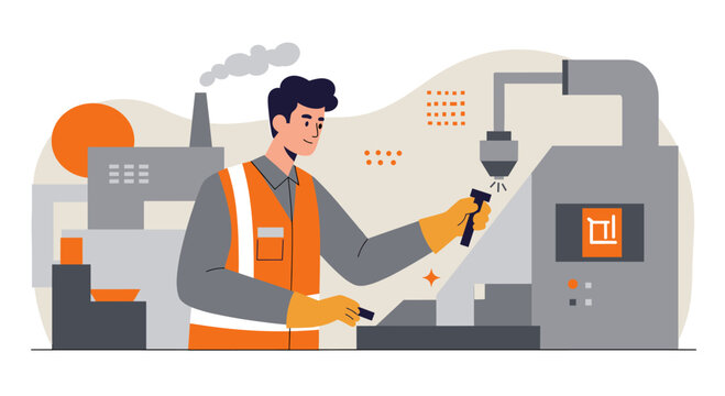 A cheerful factory worker in safety gear is carefully inspecting a metal part with precision tools, set against a backdrop of industrial machinery and a stylized factory.