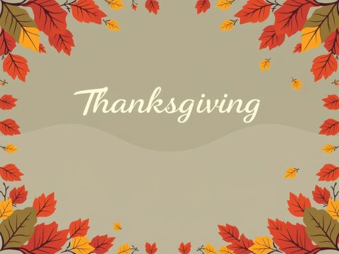 A thanksgiving themed image with an autumn leaves border and the word thanksgiving in the center