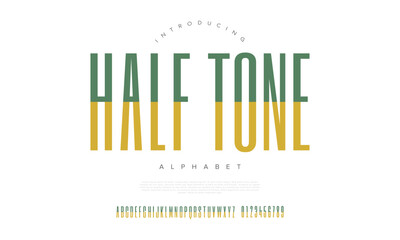 A condensed tall font with dual color split effect, great for impactful branding and magazine titles