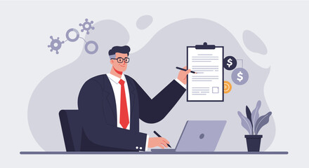 A confident businessman in a suit sits at his desk, reviewing a contract and using his laptop to manage finances in a modern office setting.