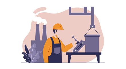 A male industrial worker in a hard hat and overalls operates machinery in a modern factory setting with smoking chimneys, depicted in a flat illustration style.
