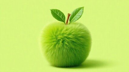 A stylized, fluffy green apple with leaves, set against a vibrant green background.