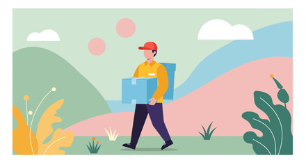 A delivery man in a cap carrying a package walks through a stylized, colorful landscape with plants and rolling hills.