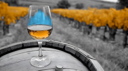 Wine Glass on Oak Barrel in Vineyard Autumn