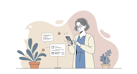 a woman in a lab coat is using her phone