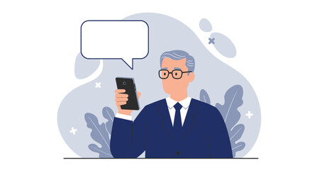 a man in a suit holding a smartphone, with a speech bubble above his head. Suitable for landing page, banner, marketing, web design, presentation, infographic, etc.