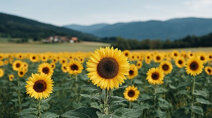 Fototapeta premium A field of sunflowers stretches towards a distant mountain range.