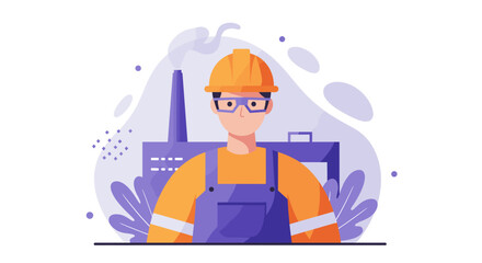 A male industrial worker in a hard hat and safety glasses stands in front of a factory illustration, representing labor and industry.