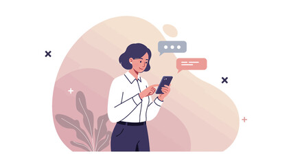 a woman standing and focused on her smartphone, surrounded by abstract shapes and a plant in the background. Suitable for landing page, banner, marketing, web design, presentation, infographic, etc.