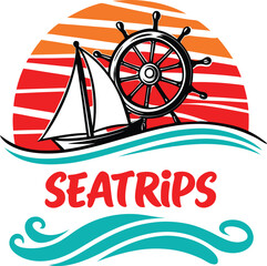 Nautical logo featuring a sailboat ship s wheel and waves against a stylized sunset perfect for sea trips and maritime adventures