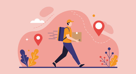 A delivery person, depicted with a vector illustration, is shown walking with a parcel against a soft pink backdrop, emphasizing speed and location.