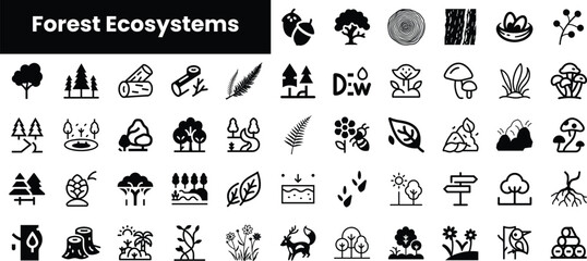A collection of icons representing various forest ecosystems, including trees, plants, and wildlife elements in a minimalist black and white design. © Purlo Hop