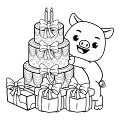 Happy Birthday Coloring Page with cute pig