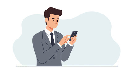 A businessman in a gray suit is depicted using a smartphone, interacting with the device in a modern, minimalist illustration, perfect for business and technology concepts.