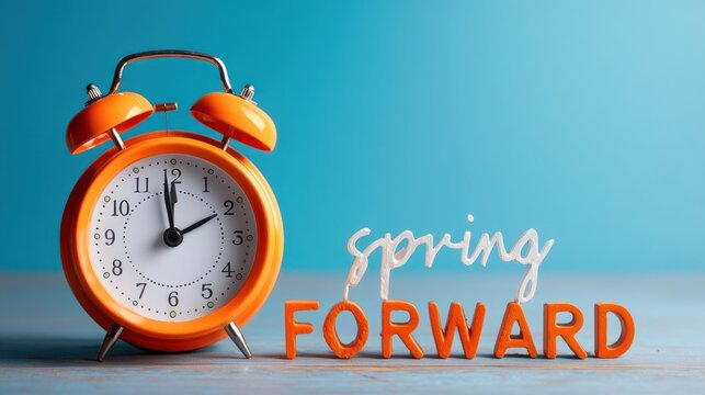 Spring forward daylight saving time concept with orange clock on blue background day
