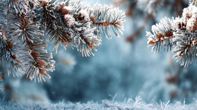 Winter frost covered pine tree branches and cones close up nature photography art