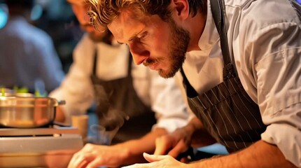 Focused chefs working intently in restaurant kitchen under warm lighting. Slow motion. 4K.
