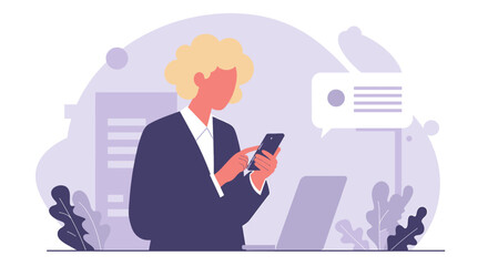 a person in a business suit using a smartphone, with a laptop and a chat bubble in the background. Suitable for landing page, banner, marketing, web design, presentation, infographic, etc.