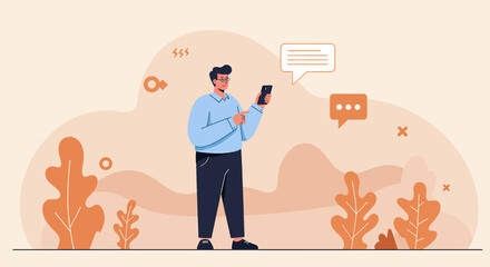 a man standing outdoors, engrossed in his smartphone, which is held in his hands. Suitable for landing page, banner, marketing, web design, presentation, infographic, etc.