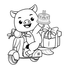 Fototapeta premium Happy Birthday Coloring Page with cute pig