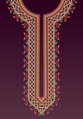 Ethnic neckline embroidery design for an Indian kurta in rich red and gold tones, featuring intricate interlacing geometric and floral patterns. Perfect for traditional fashion and textile prints.