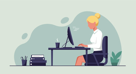 a woman seated at a desk, engrossed in work on a computer, with a cup of coffee and a stack of books nearby. Suitable for landing page, banner, marketing, web design, presentation, infographic, etc.
