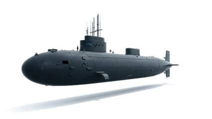 Obraz premium A sleek, dark grey submarine floats against a stark white background, showcasing its streamlined hull and advanced technology.