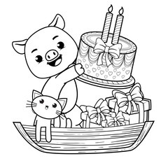 Happy Birthday Coloring Page with cute pig